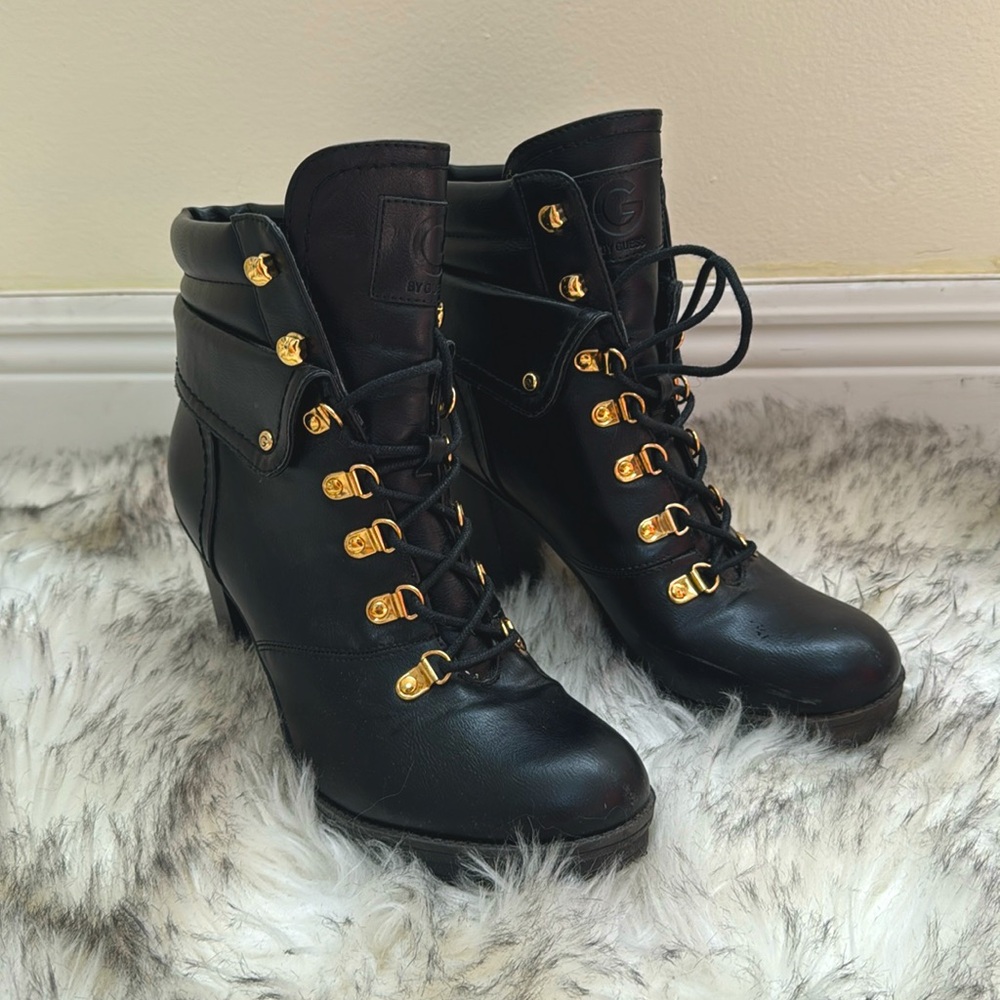 G by GUESS Jollyn Block Heel Booties Combat Boots - Black/Gold
